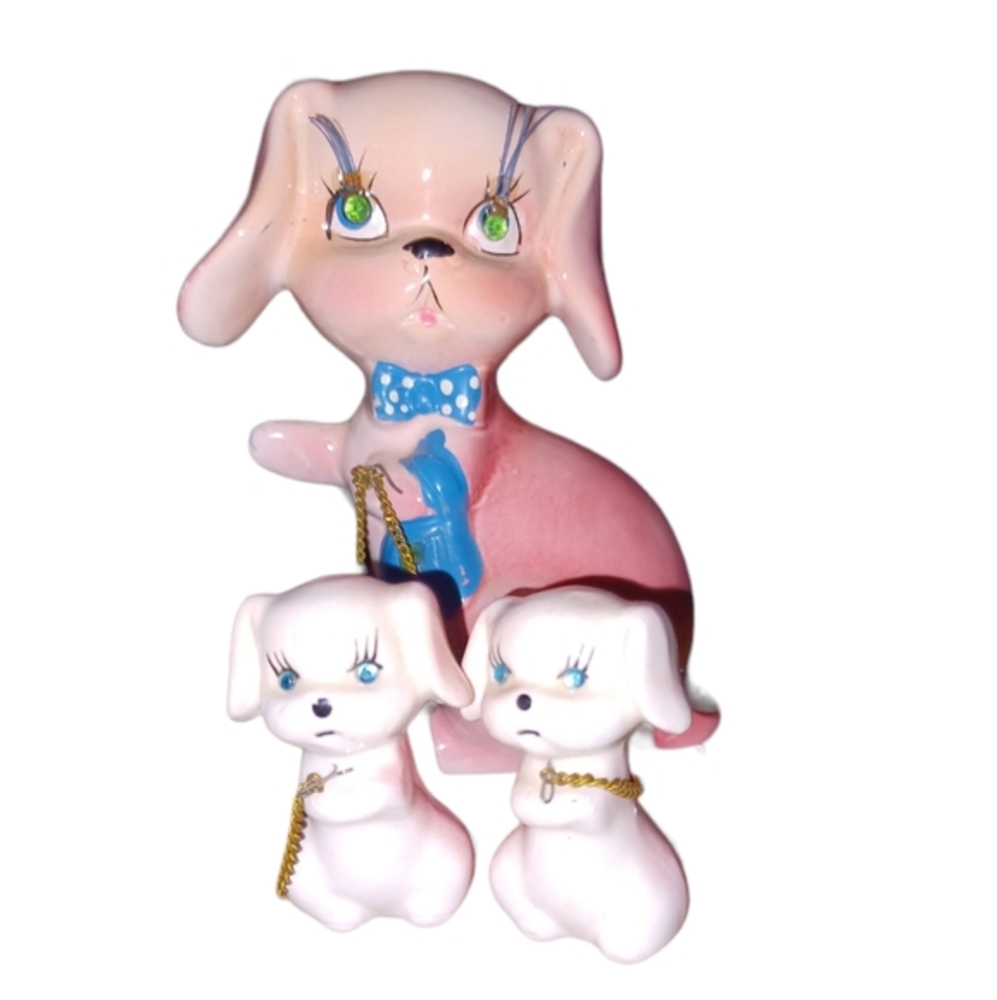 Vintage Kreiss & Company Pink/White Blue Gem‎ Eyes Dog & Two Puppies on chain